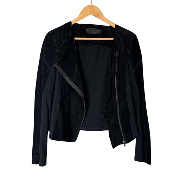 BlankNYC Black Suede Leather and Cotton Knit Mix Media Moto Zip Jacket, M - Picture 4 of 8
